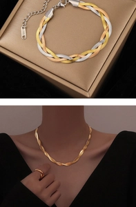 Detail of 18K gold-plated stainless steel braided snake chain bracelet and matching jewelry set