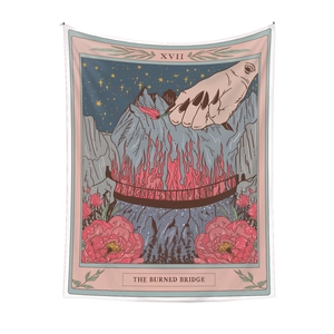 XVII The Burned Bridge Tarot tapestry wall hanging featuring mountains and night stars