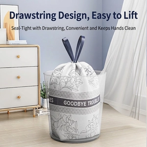 Thickened drawstring trash bags with floral pattern and Goodbye Troubles text for home kitchen