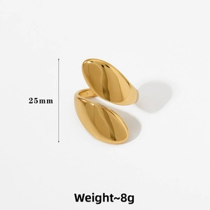 Polished gold adjustable bypass ring detail with 25mm height and 8g weight specs