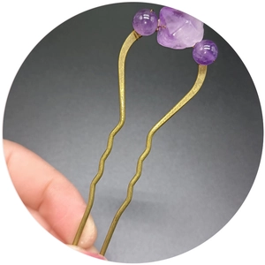 Handmade amethyst hair pin with bronze wave prongs and purple crystals for women