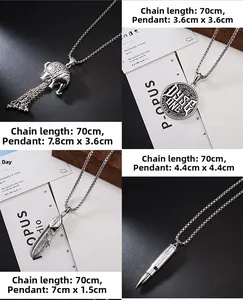 Detailed grid showing four vintage silver-tone punk pendants with dimensions and square chains