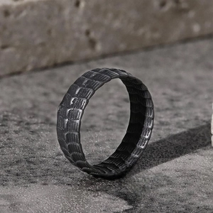 Vintage oxidized silver dragon scale pattern stainless steel ring for men on stone