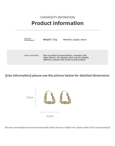 Size chart showing 2.5cm U-shaped gold-plated copper earrings with zircon details