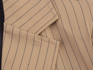 Close-up of khaki linen blend striped blazer showing detailed twill texture and stitching