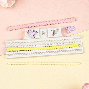 Silicone rope and bow mold for cake border decoration shown with colorful samples