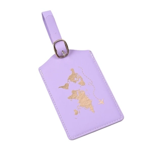 Purple PU leather luggage tag with gold world map pattern and buckle strap