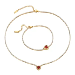 Golden stainless steel jewelry set with red heart pendants and sparkling zircon stones