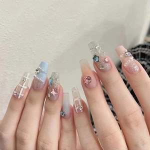 Ongles À Presser Longue Forme Cercueil Dégradé Rose Bleu Strass Künstliche Perles Étoiles Carreaux Style Français Art Portable