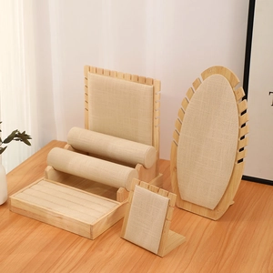 Bamboo and beige linen multi-use jewelry display set for rings and necklaces
