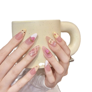 Pink cartoon bear and strawberry 3D embossed press-on nails with almond shape design
