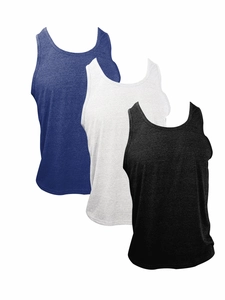 Three-pack of men's sleeveless fitness tanks in blue, light grey, and black colors