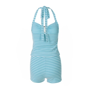 Detail of blue and white striped halter tankini top with matching boyleg shorts