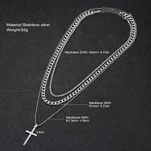 Three-layer silver stainless steel cross pendant necklace with twisted curb chains