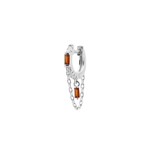 Detail of S925 silver earring featuring orange rectangular gems and tassel chains