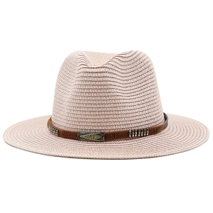 Chapeau de paille cowboy beige clair tressé avec bande cloutée pour protection solaire