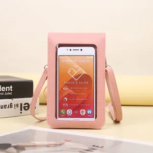 Pink PU leather touchscreen phone bag with floral pattern and clear window display