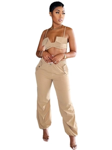 Women's khaki two-piece set featuring a cropped camisole and drawstring cargo pants