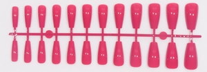 Detailed set of 24 hot pink glossy ballerina nails displayed on a plastic frame