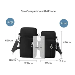 Black nylon crossbody phone bags in two sizes with heart-shaped metal zippers