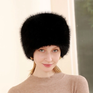 Chapeau de luxe en fourrure de renard noire pour femme style dôme élégant hiver