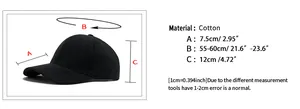 Size chart showing dimensions for lamb velvet baseball cap including brim and circumference