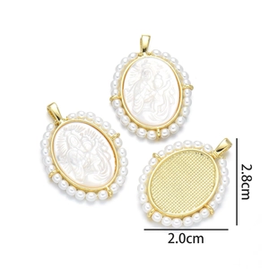 Detail of 18K gold-plated oval Virgin Mary pendants with mother of pearl and pearls