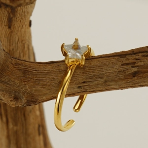 Macro detail of gold star zircon ring on a natural branch showcasing high-end craftsmanship