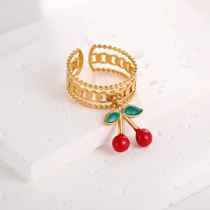 Gold stainless steel open ring featuring a delicate red cherry pendant for women