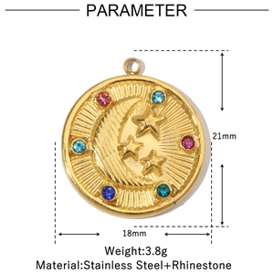 Macro detail of gold celestial moon pendant with colorful rhinestones and size parameters
