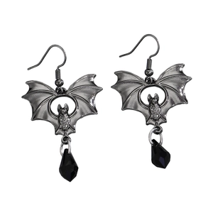 Gothic bat earrings with red crystal and black droplet beads for Halloween accessories