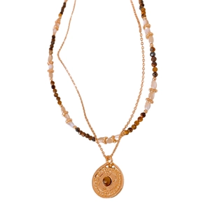 Double-layered gold-plated compass necklace with faux tiger eye stone and vintage beads