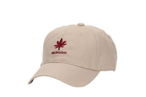 Detail of red maple leaf embroidery on beige cotton twill sports baseball cap