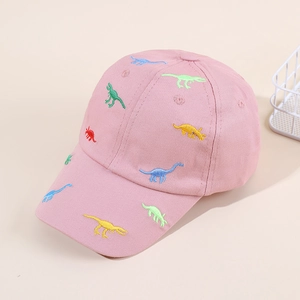 Detailed embroidery of colorful dinosaurs on high-quality pink cotton kids baseball cap