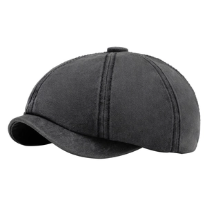 Vintage dark grey washed cotton octagonal newsboy hat with stitched panel design and top button