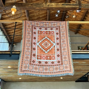 Bohemian geometric woven camping blanket with fringes, orange and brown tassel throw rug