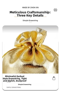 Detail of gold metallic drawstring pouch with ruffled edge for jewelry protection