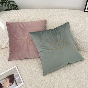 Macro shot of embroidered Morandi velvet pillows with golden love rewards the brave text