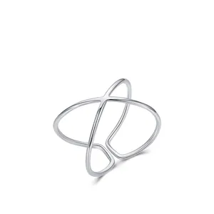 Minimalist S925 sterling silver X-shaped criss cross open ring with polished finish