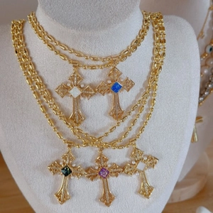 Luxurious retro cross pendant necklaces with colorful shell and gemstone inlays
