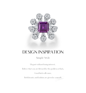 Detail view of S925 silver ring featuring a violet square gem and teardrop stones
