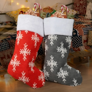 Plush Christmas stocking set in red and gray with snowflake patterns for holiday home decor