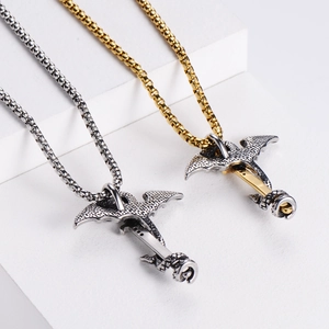 Gothic dragon sword pendant necklaces in silver and two-tone gold stainless steel finish