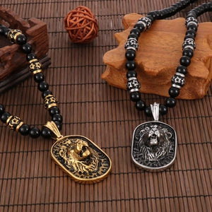 Retro lion head pendant necklace with black beads in gold and silver steel finish