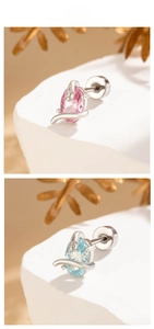 Detail of oval zircon snake earrings with flat back screw posts in pink and blue