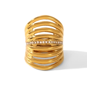 Detailed shot of multi-layer hollow 18k gold plated ring with sparkling rhinestones