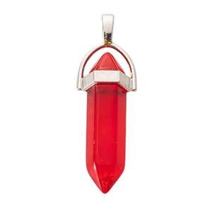Polished red hexagonal crystal pendant with a minimalist silver metal bail for necklaces