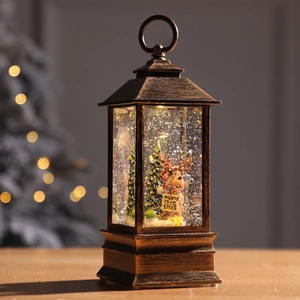 Retro Christmas snow globe lantern with deer tree decor, decorative holiday lighting gift.
