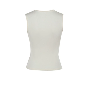Detail of the knit texture and back design of a white lace V-neck bow tank top