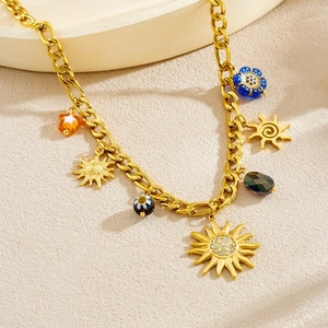 Vintage gold-plated sun pendant necklace with rhinestones and colorful acrylic beads